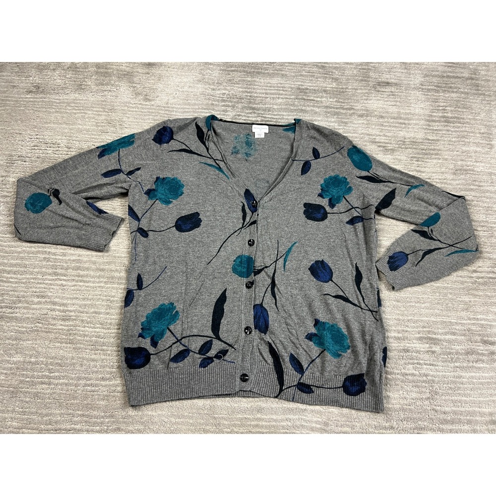 Jaclyn Smith Cardigan Women XL Gray Teal Floral Tulip Button Front V-Neck Cotton
